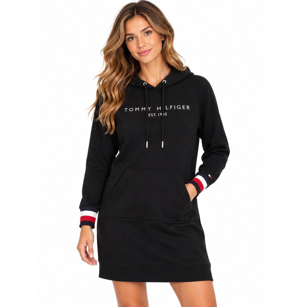 Tommy Hilfiger Womens Black Hooded Sweatshirt Dress Logo Stripe Cuffs S NWT